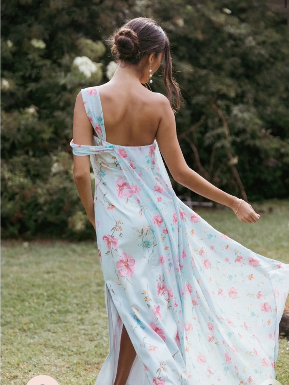 Petal & Pup NWOT One-Shoulder Floral Maxi Dress in Light Blue and Pink